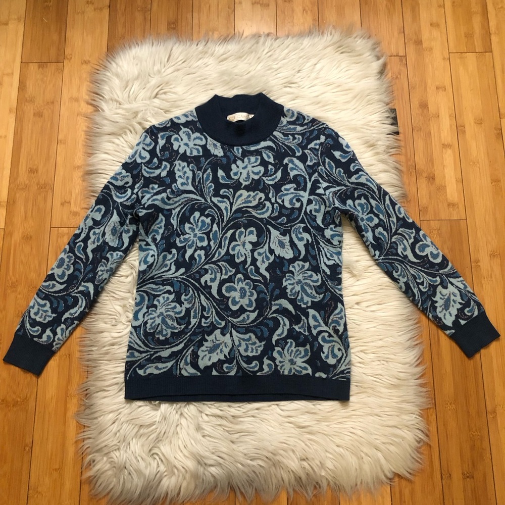 Camela Merino Wool Floral Metallic Long Sleeves Navy Blue Sweater size M (40 EU)